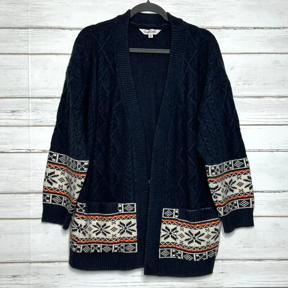 Davi and Dani Navy Fair Isle Knit Cardigan Sweater Size Small